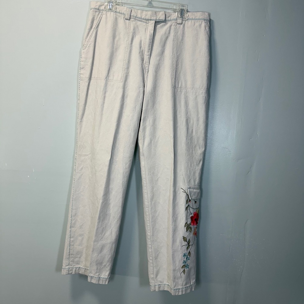 Susan Bristol VTG Womens Size 16 Floral Embroidered Cotton Cargo Pants Off White